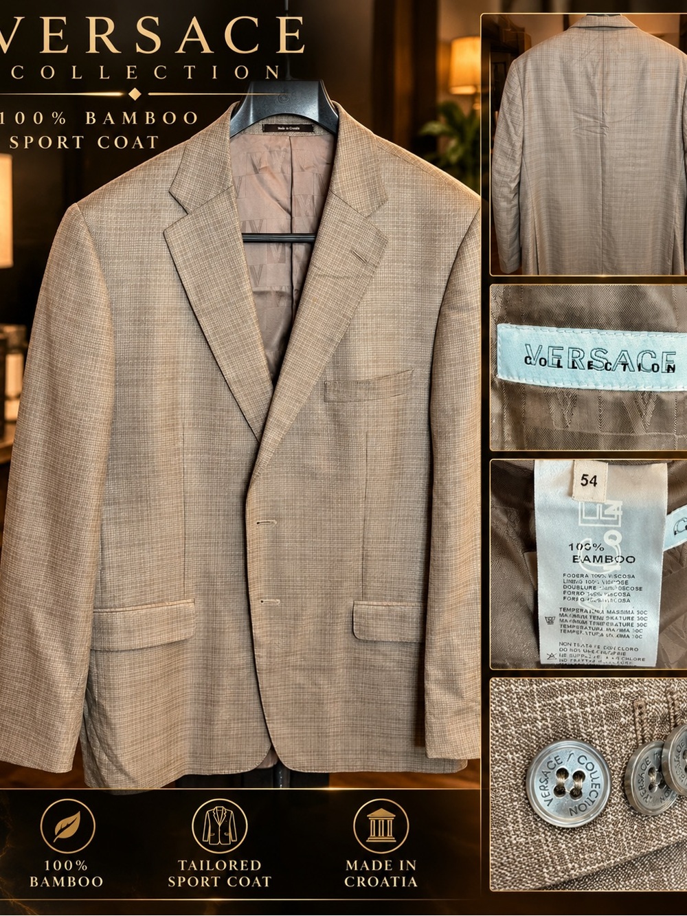 Versace Men’s Beige Tailored Sport Coat - 100% Bamboo - 44L